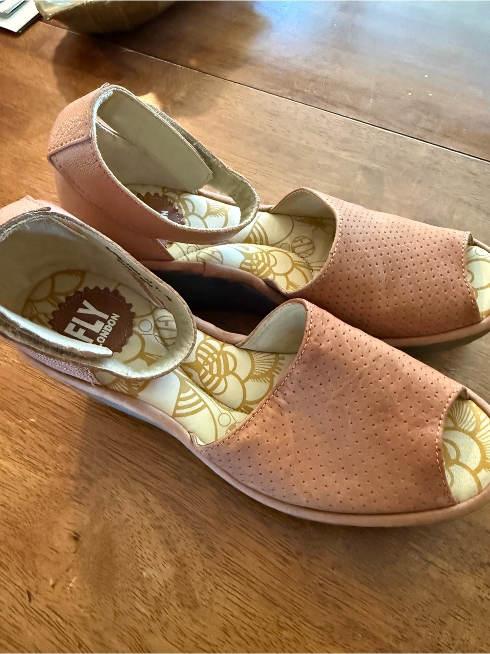 Fly London Pink Leather Wedge Sandals / Peep Toe Shoes